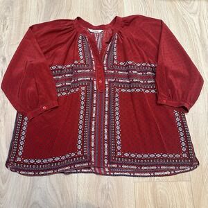 TUCKER NYC Women's Blouse Large Printed 100% Silk Red EUC $295
